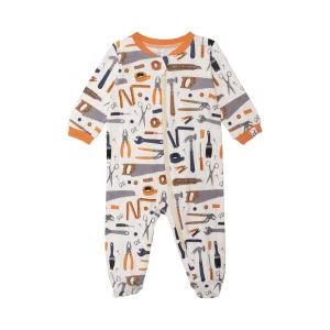 Pyjama une-pièce blanc cassé avec imprimé d'outils en coton biologique E30PA40