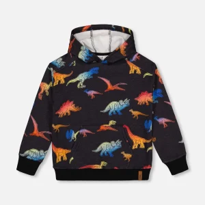 Sweat à capuche noir avec imprimé dinosaures F20U36