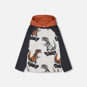 Tee-shirt  à capuche beige chiné & gris ébène dinosaure F20U77