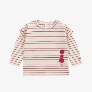 T-shirt crème rayé à manches longues avec volants et illustration de pommes en coton, naissance