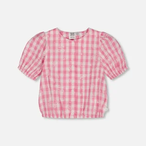 Haut à manches bouffantes à carreaux rose et blanc G30J15