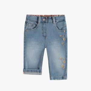 Pantalon coupe étroite en denim extensible avec broderies de fleurs, bleu pâle, bébé