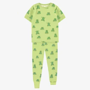 Pyjama deux pièces vert en tissu doux à motifs de grenouilles, enfant