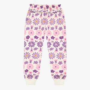 Pantalon crème fleuri mauve en coton français, enfant