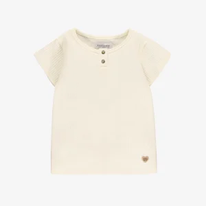 T-shirt crème en tricot côtelé irrégulier, enfant