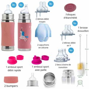 Kit biberons inox Pura évolution « Je grandis » rose - dès 3 mois