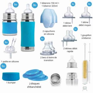 Starter-Kit biberons inox Pura « évolution » bleu - de 0 à 4 ans